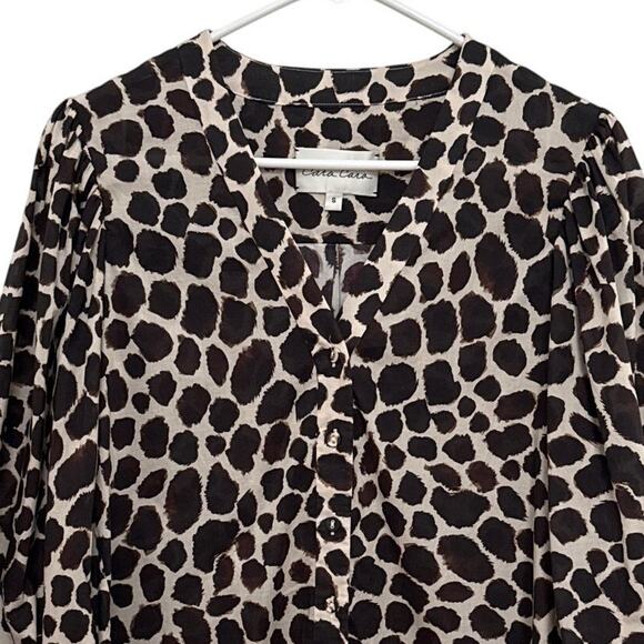 Cara Cara V Neck Blouse animal print cuff ties brown tan small - Picture 3 of 13